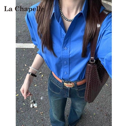 La Chapelle Blue Polo Collar Long-Sleeve Shirt for Women 2026 Summer New Sun-Protective Layering Top