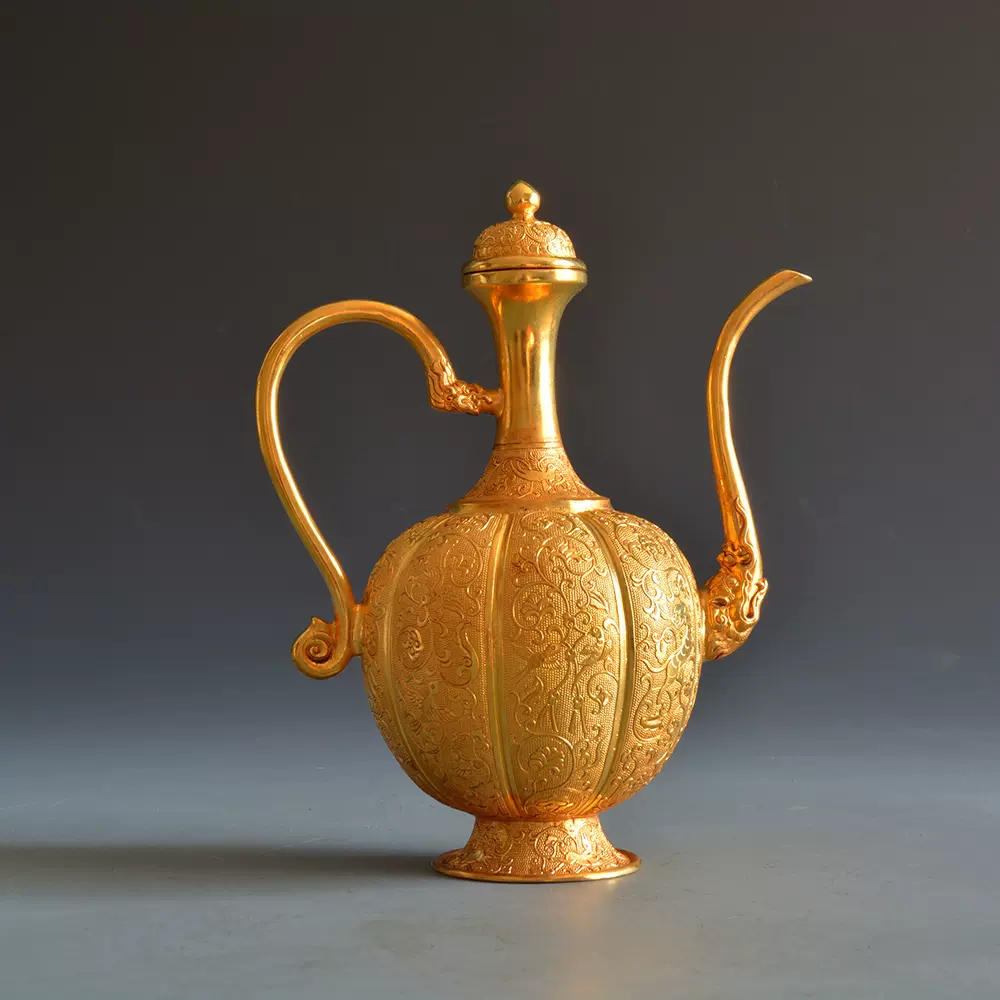唐朝古玩純銅鎏金手工製作龍紋酒壺6件套執壺杯盤套裝酒水壺復古