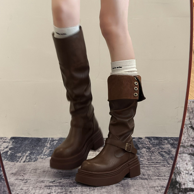 Brown retro British style thick heel thick sole boots for women 2025 new autumn and winter slim boots knight boots