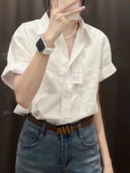 Hong Kong Style White Short-Sleeved Pure Cotton Shirt for Women, Fashionable Design, Elegant Top, Casual Workwear, Professional Shirt for Summer