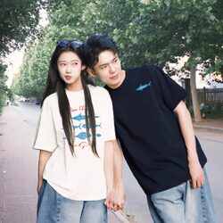 Deep-Sea Shark Couple Outfit Pure Cotton T-Shirt 2026 New Summer Niche Design Unique Trendy Brand Short-Sleeve