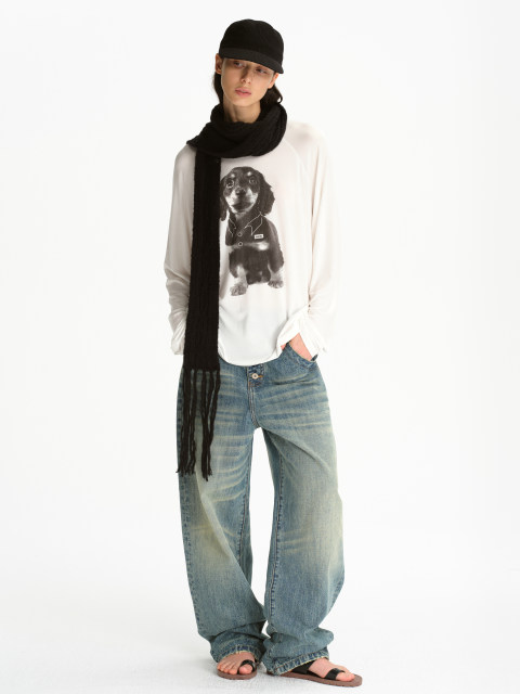 SMIIILE Lycel Tiansi White Micro-Transparent Long Sleeve T-Shirt Dachshund Print Casual Ragnant Sleeve Loose Top