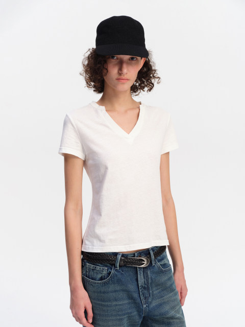 SMIIILE summer thin breathable V-neck cotton linen white top basic versatile fit right shoulder short-sleeved T-shirt for women
