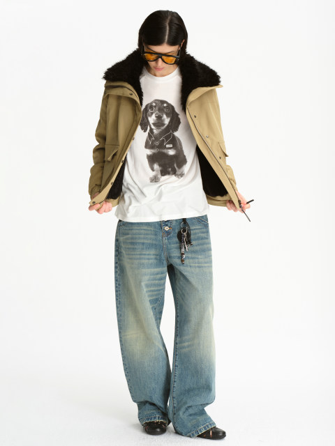 SMIIILE Lycel Tiansi White Micro-Transparent Long Sleeve T-Shirt Dachshund Print Casual Ragnant Sleeve Loose Top