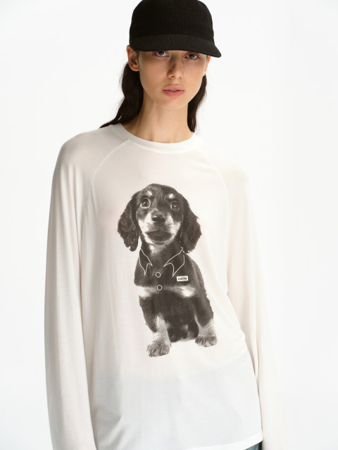 SMIIILE Lycel Tiansi White Micro-Transparent Long Sleeve T-Shirt Dachshund Print Casual Ragnant Sleeve Loose Top