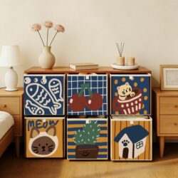 Retro Cartoon-Style Storage Box, Kalek Grid Cabinet, Non-Wicker Storage Basket, Fabric Large-Capacity Folding Storage Box