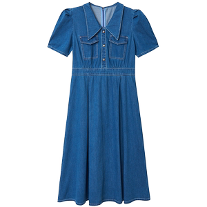 
Zihan retro denim dress literary lapel short-sleeved A-line midi skirt high waist summer new style fashionable simple