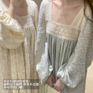
Gentle and romantic ~ Pure cotton nightgown for women, lace floral French spring and autumn long-sleeved dress, long pajamas for outer wear