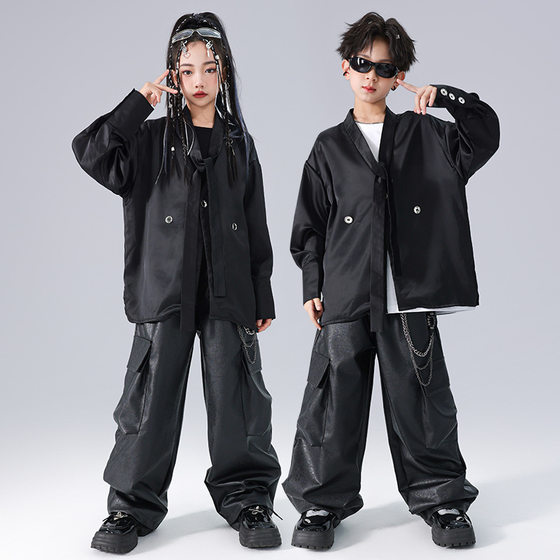 
Street dance children's trendy clothing hip hop shirt leather pants boy suit hiphop children's street bomb girls' catwalk costume