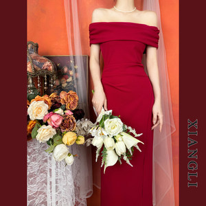 
Alley French retro red dress summer one-shoulder slim temperament engagement toast toast small skirt long dress