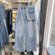 Korean design in summer is irregular, high waist A-line mid-length skirt with wash water and old slit denim skirt