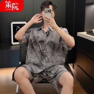 
Summer men's cotton silk thin artificial cotton cardigan loose large size short-sleeved shorts pajamas set home clothes cotton silk