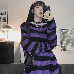 
Striped mid-length women's new spring and autumn loose outer bottoming shirt soft glutinous sweater autumn and winter top ripped