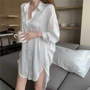 Sexy pajamas Female summer ice silk thin boyfriend style white shirt in the long loose large size real silk home service