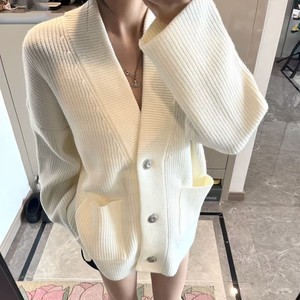 
Atmosphere! Lazy style white V-neck sweater cardigan for women spring new Korean style loose sweater jacket trend