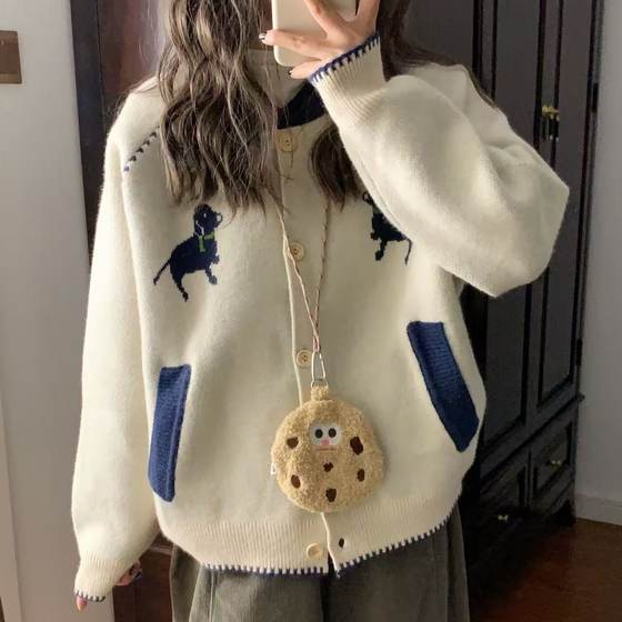 
Thickened version! Lazy style contrasting single-breasted sweater cardigan for women's spring new Korean style loose knitted jacket trendy