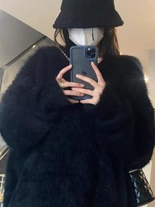 Thickened version! Lazy style black pullover mink sweater for women's autumn clothes loose long-sleeved sweater tops outside