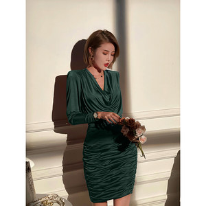 XULU original temperamental acetic acid elastic pleated hip skirt simplicity solid color slimming high waist pile collar dress
