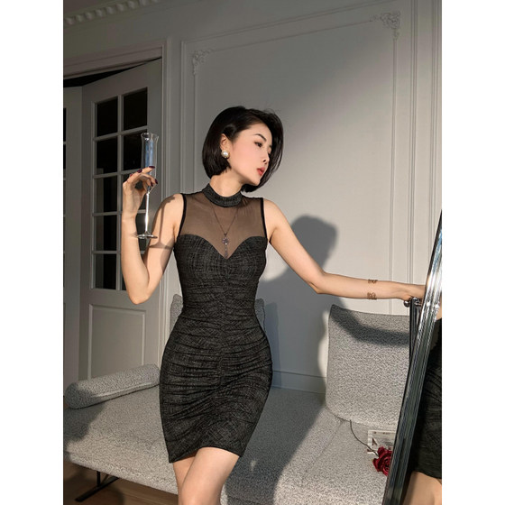 
XULU Original Summer Acid Sexy Hip Skirt Temperature Slim Perspective Mesh High Waist Pleated Sleeveless Dress