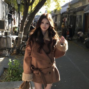 
3MER Oh Oh Sanmei Brown fur collar thickened woolen coat for women winter quilted wool short woolen coat