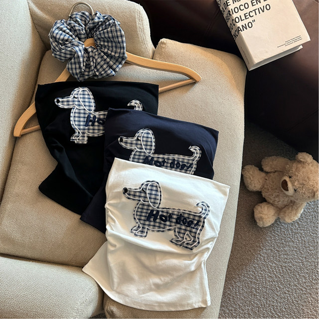 Puppy embroidered suspender vest for women with breast pad Thai hot girl one-shoulder strapless top summer wrapping breasts