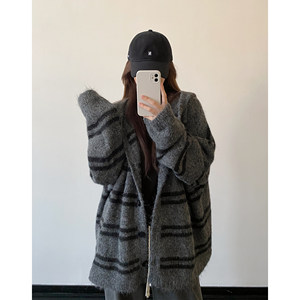 
sun pomelo large blanket black and gray striped knitted hooded lazy loose sweater cardigan long coat autumn and winter for women