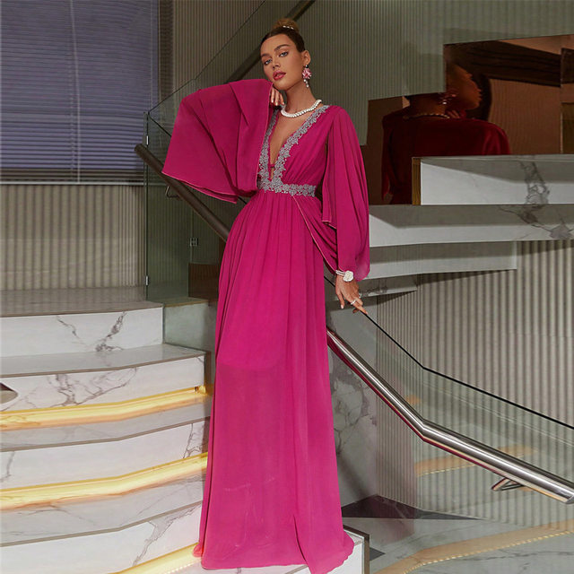 KY045 cross border Amazon European and American v neck slim long dress retro chiffon dress