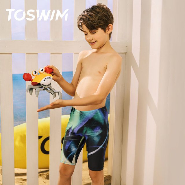 Recommended by Swimming Goggle Man! TOSWIM children's knee-length swimming trunks professional racing medium and large children's fashionable colorful sunscreen boys