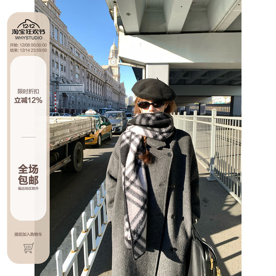 WHYSTUDIO stand collar high luxury texture double-sided wool coat for women in winter silhouette mid-length wool coat
