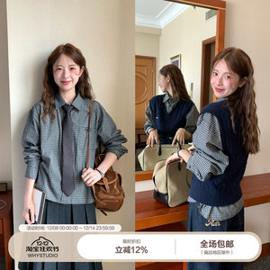 
WHYSTUDIO miu high-intelligence Korean retro knitted V-neck vest short plaid shirt commuting suit