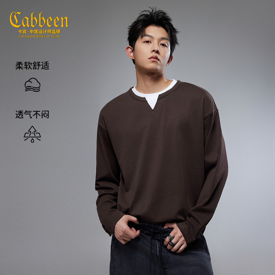 [Henry collar fake two pieces] Carbine pure cotton long-sleeved T-shirt men's 2025 autumn new inner top and bottoming shirt