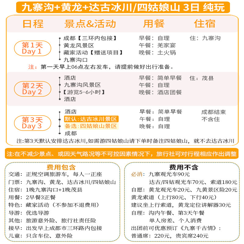 高铁汽车九寨沟黄龙旅游四姑娘山达古冰川3天2晚跟团纯玩三日游