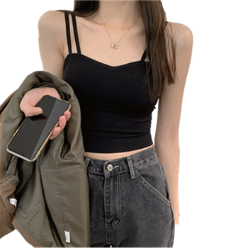 Hong Kong -flavored short inner bottom -up cuffless suspender top female spring and summer black Hyuna wears tight -fitting navel vest

