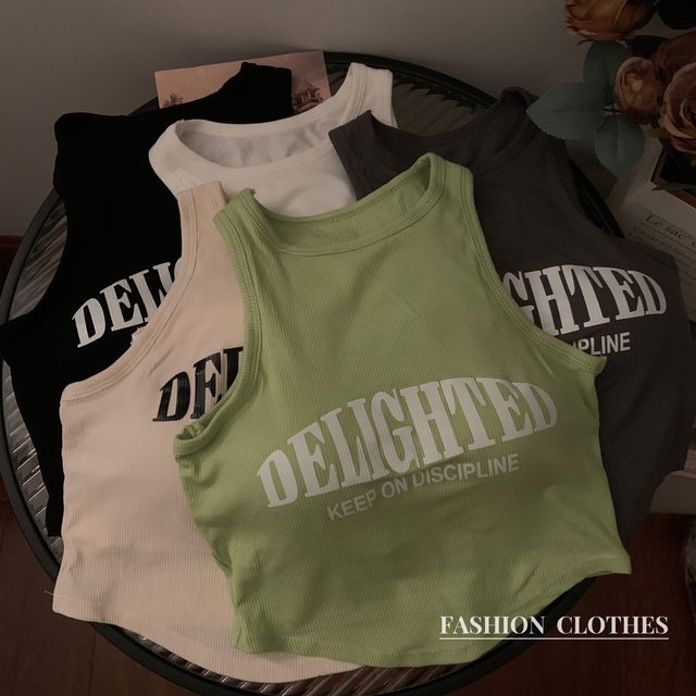 Retro American print sexy camisole vest with female chest pads showed thin slim Summer short versatile top