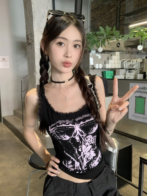 American short millennium print black vest for women in summer new hot girl style slim lace top