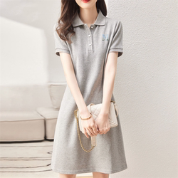 Right-Shoulder Polo Short-Sleeve Casual Dress for Women, 2025 Summer New Style, Petite French-Style Loose Straight Midi Dress