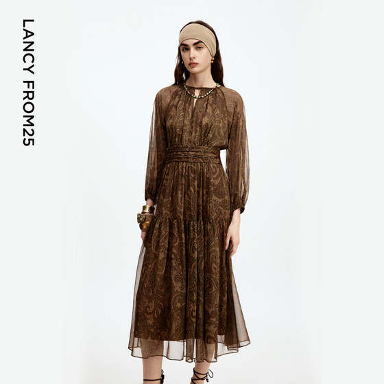 
Langzi v-neck slim high waist A-line chiffon long skirt high-end temperament commuting dress 2025 autumn new style