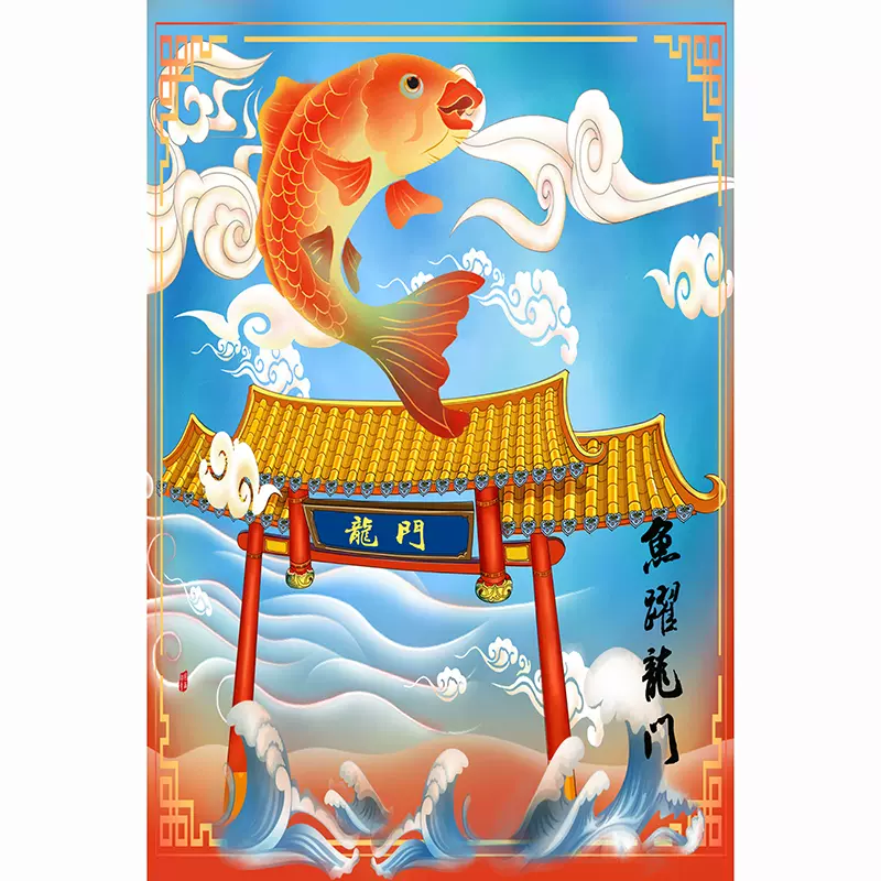 魚躍龍門豎圖海報鯉魚跳龍門高考助力勵志貼畫書房橫版貼牆裝飾畫-Taobao