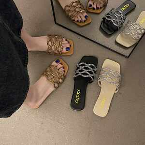 
Large size women's shoes 41-43 small fragrance style soft bottom rhinestone sandals for women wearing versatile skirts fashionable one-shot flip-flops