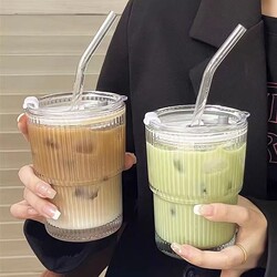 Premium Glass Coffee and Milk Tea Cup with Straw, Stylish and Portable, Insulated Drinking Cup with Lid, Single-Layer