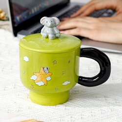 Elephant Mug with Lid, Green, Cute Office Ceramic Cup, Gift Box, High-Value Couple Gift, Coffee Cup
