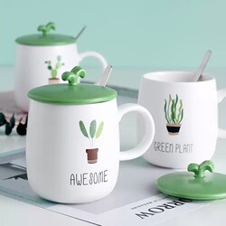 Large-Capacity Cute Ceramic Water Cup for Drinking Tea, Trendy Household Mug for Men and Women, Milk Coffee Cup with Lid and Spoon
