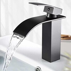 Waterfall Faucet Direct from Manufacturer, Nordic Black Hot and Cold Flat Spout Basin Faucet, 304 Stainless Steel Countertop Basin