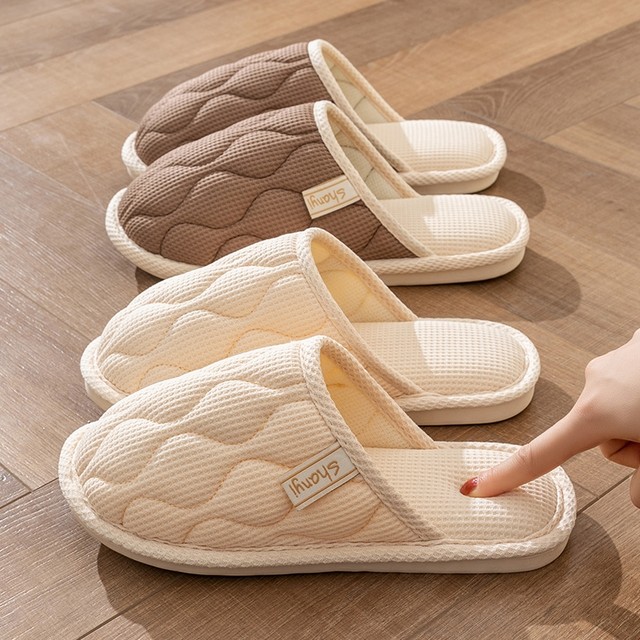Household slippers, breathable, deodorant, Baotou, four seasons, ladies couple, non-slip indoor cotton, linen, wool and linen thick-soled cloth shoes