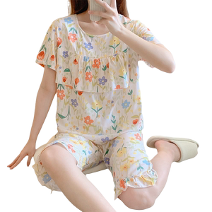 Anti-bump sweet pajamas for women summer ultra-thin cotton silk summer short-sleeved mid-pants ruffle suit home clothes artificial cotton