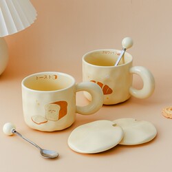 Cute Ceramic Mug with Lid and Spoon for Girls, Couple's Coffee Breakfast Cup for Office