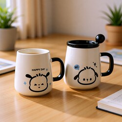 Korean-Style Isn High-Appearance Cartoon Puppy Ceramic Mug with Lid and Spoon for Male and Female Students, Dormitory, Home Use Breakfast Cup