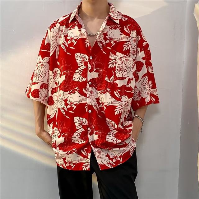 Ice silk flower shirt men's short-sleeved summer thin Hawaiian beach ...