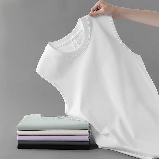 
230G heavy T-shirt, pure cotton sleeveless wide shoulder vest, small neckline men's shirt, vest, sports white T-shirt, loose