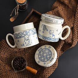 Cute Cat and Dog Mug with Lid, Couple Cartoon Cup, Household Japanese Ceramic Cup, Milk Cup, Student Breakfast Cup